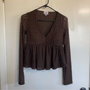 Ruby & Jewell Chocolate Lace Peplum Cropped Blouse With Built In Bra Size Small